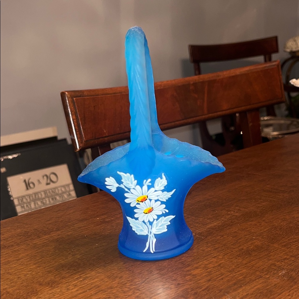 Blue Glass Basket with Floral Design